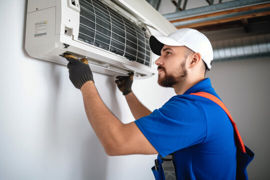 HVAC technician installing a mini split air conditioner in Riverside