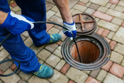 Plumber cleaning an outdoor sewer drain in Riverside