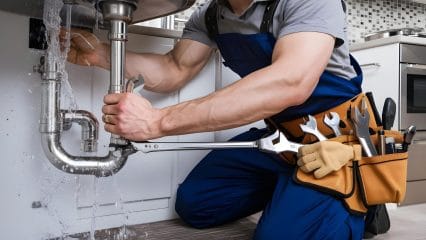 Plumber repairing pipes beneath a sink in Riverside