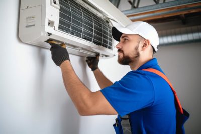 HVAC technician installing a mini split air conditioner in Riverside