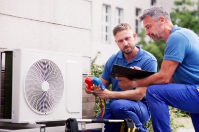 HVAC technicians installing an outdoor air conditioning unit in Riverside